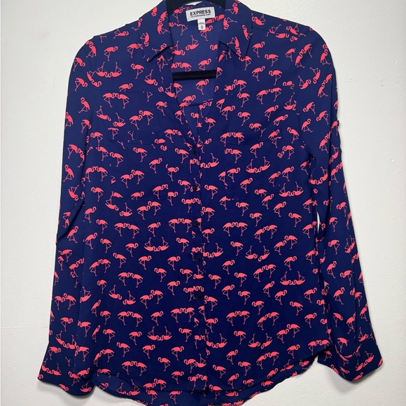 Express Tops - Express Portofino Flamingo Print Blouse XS | Navy Pink Button Front